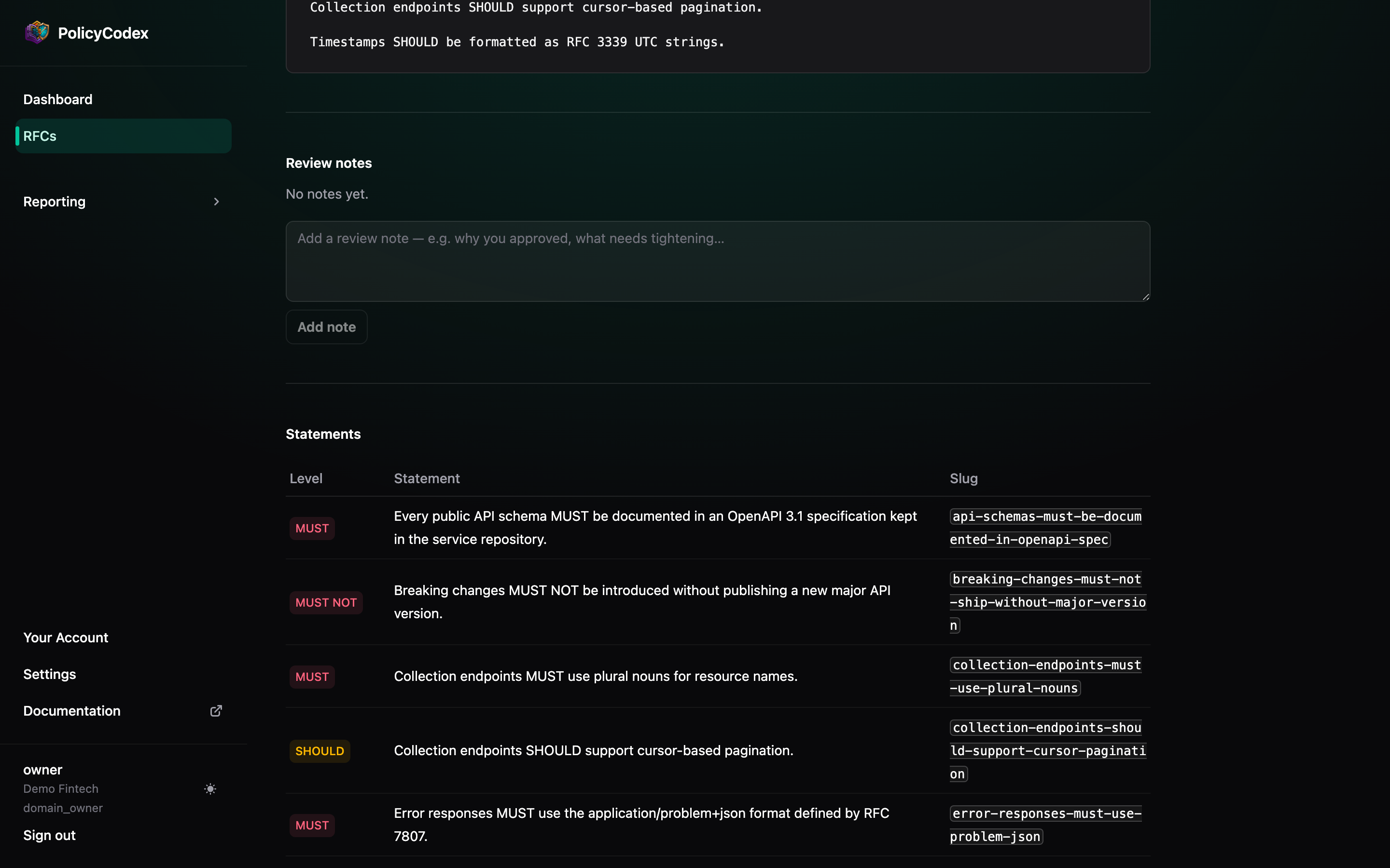 Statements extracted from an approved RFC, with stable slugs and RFC 2119 levels