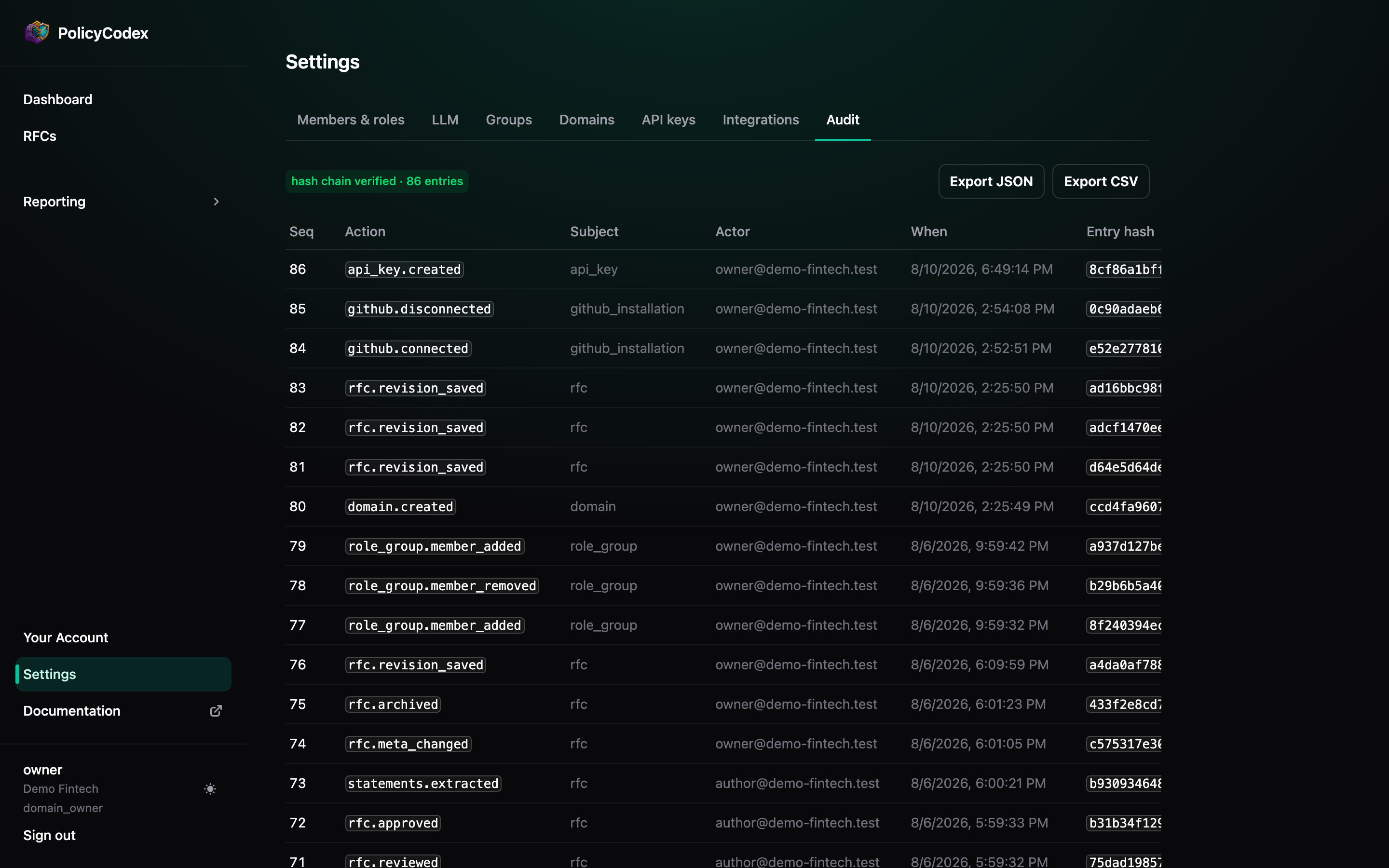 Settings → Audit: the append-only, hash-chained audit trail with export buttons