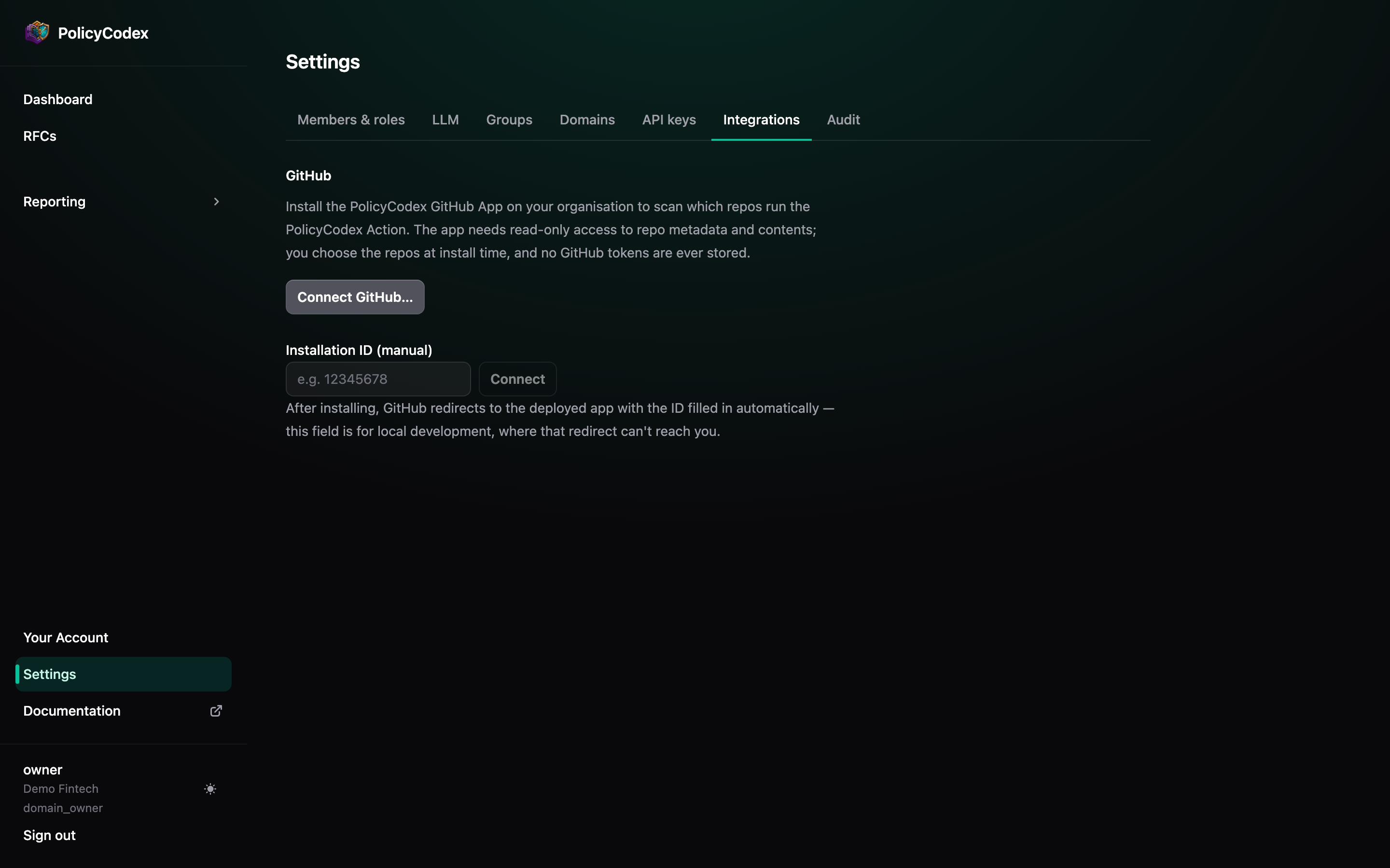 Settings → Integrations: GitHub App connection status for the organisation